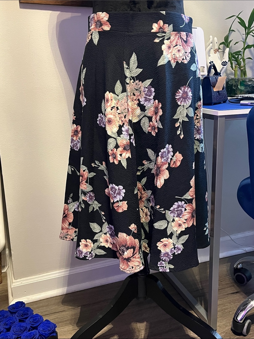 Le Lis Black Floral Circle Skirt with Pink & Purple Blooms
